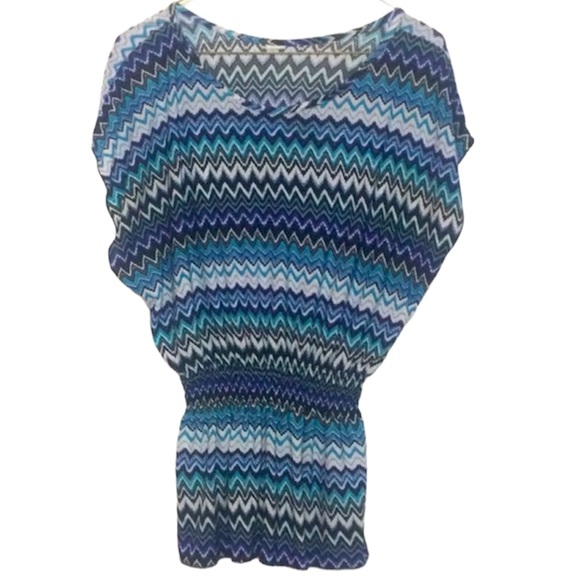 🌞 Gorgeous zig zag design of Blues in this sleeveless tunic blouse top M - Picture 1 of 6